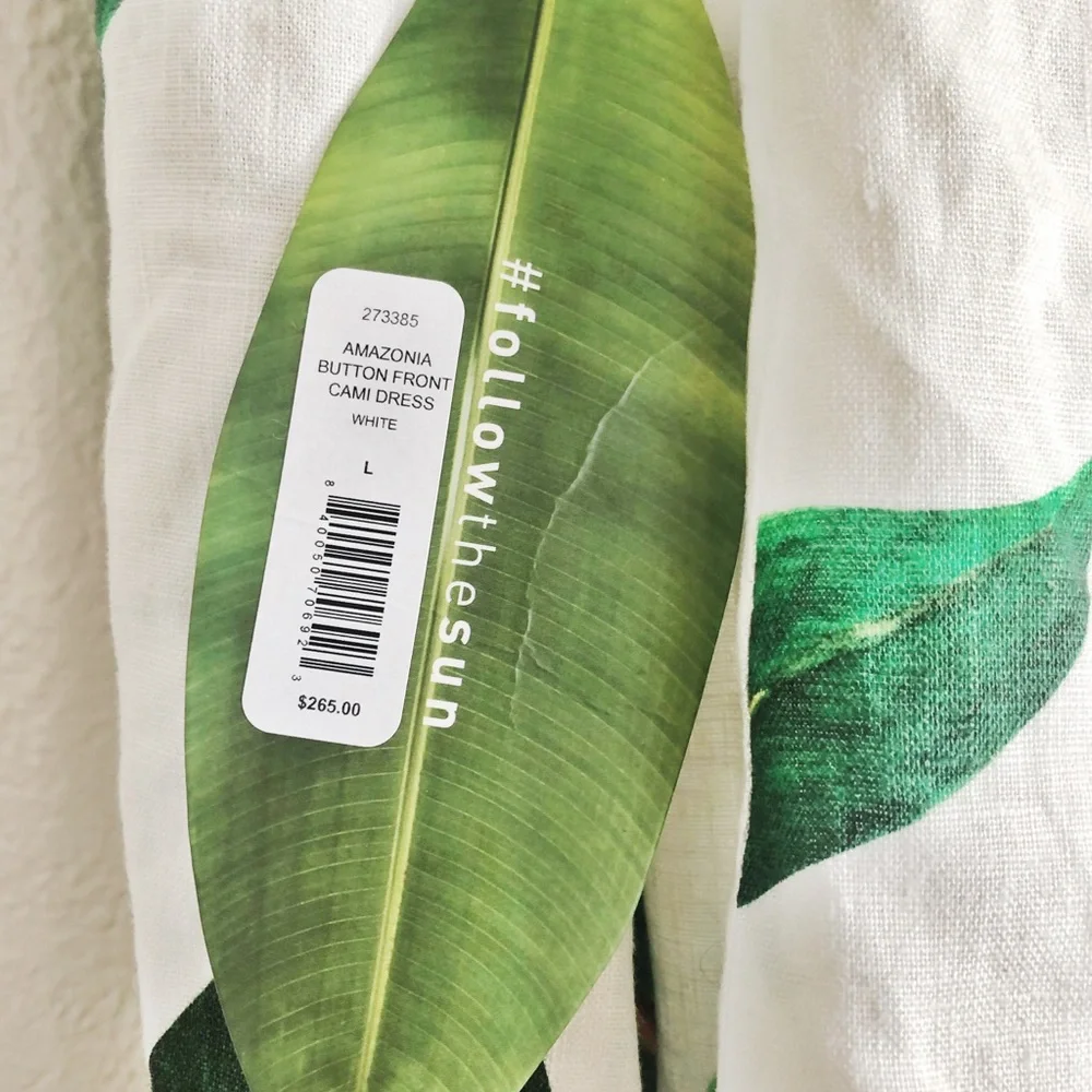 FARM RIO Amazonia Button Front Cami Dress White Linen Leaf Midi NWT Size L - Picture 4 of 4